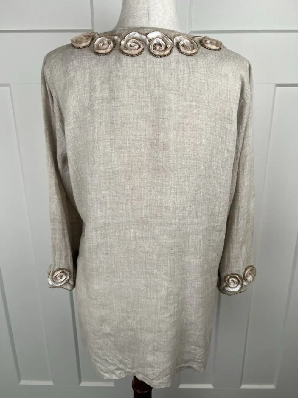 Key Lime & Pink Linen Tunic M Embellished Rosette Beaded Boho Top 3/4 Sleeve